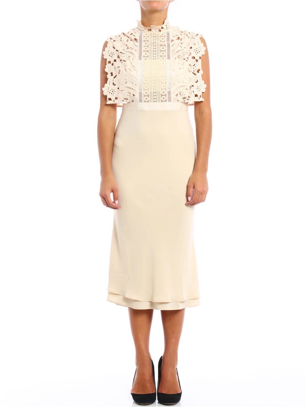 Self-Portrait Cape-Effect Lace and Crepe Midi Dress Cream US 6